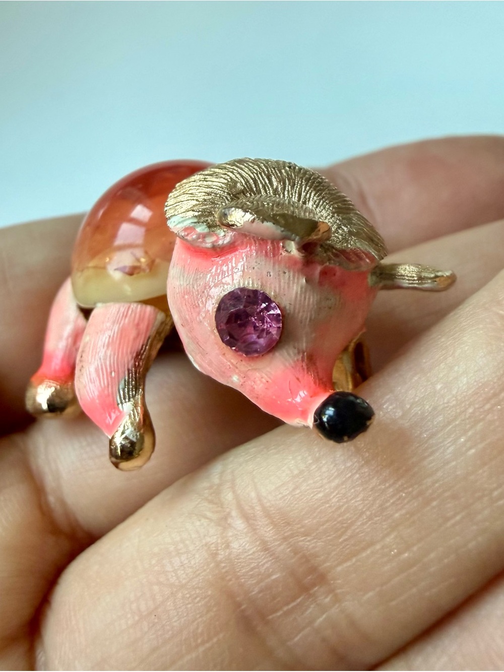 VTG HEDGEHOG Jelly Belly Orange Italian Murano Aventurine Art Glass Pin Brooch